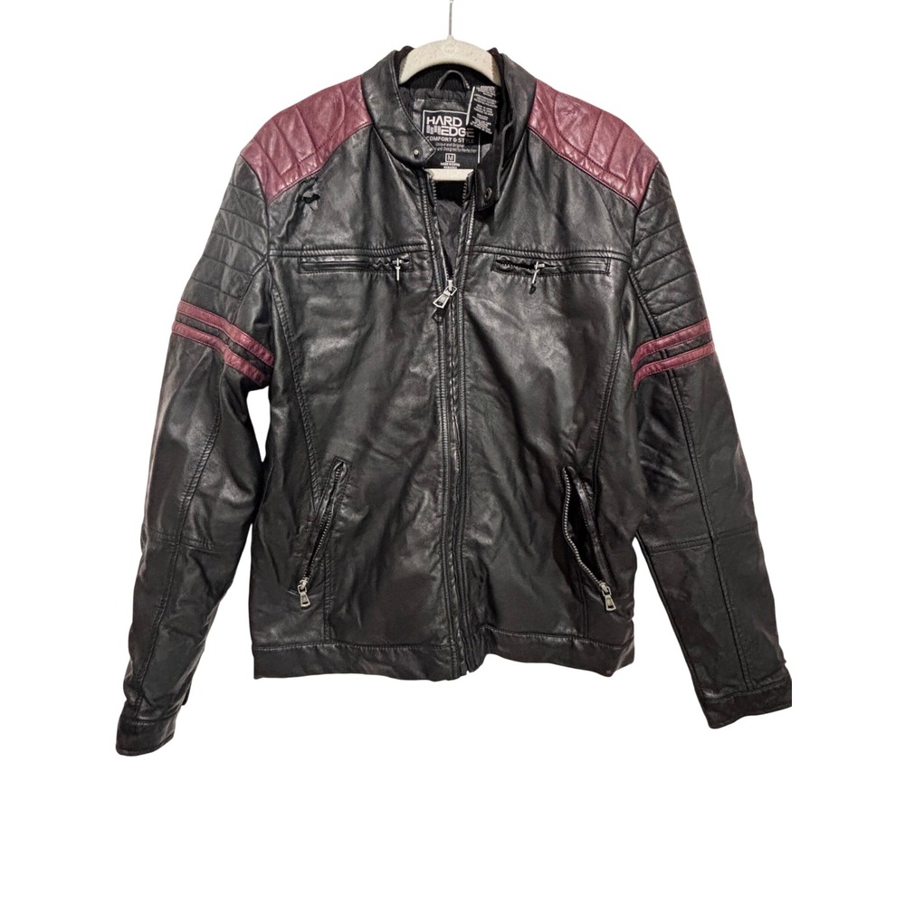 Hard Edge Mens Black Faux Leather Moto Jacket Burgundy Quilted Accents Sz M edgy